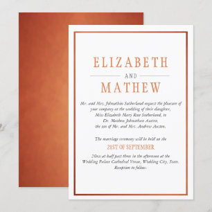 Elegante moderne Orangenhochzeit mit weißem Kupfer Einladung