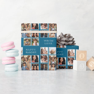 Elegante, moderne Personalisierte 9-Foto-Geburtsta Geschenkpapier