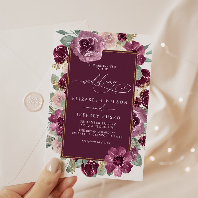 Elegante Moderne Pflaumengoldblütenhochzeit Einladung (Elegant Modern Plum Gold Botanical Floral Wedding Invitation)