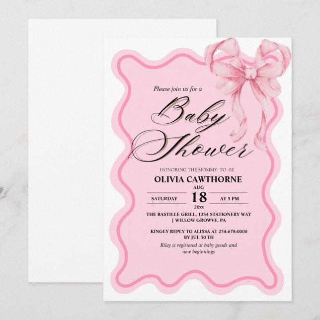 Elegante moderne Pink Bow Babydusche Einladung (Vorne/Hinten)