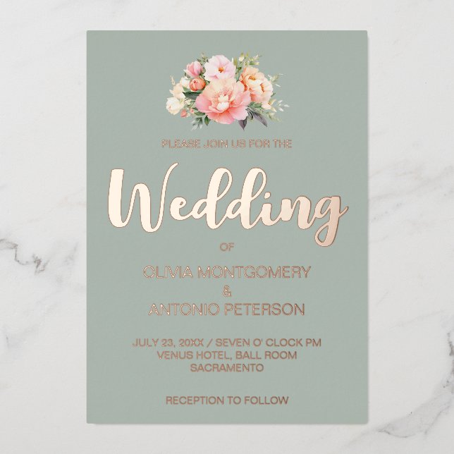 Elegante Moderne Pink Peony Light Sage Wedding Folieneinladung (Vorderseite)