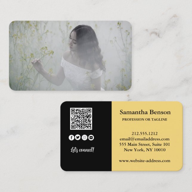 Elegante moderne QR Code Foto Social Media Icons Visitenkarte (Vorne/Hinten)