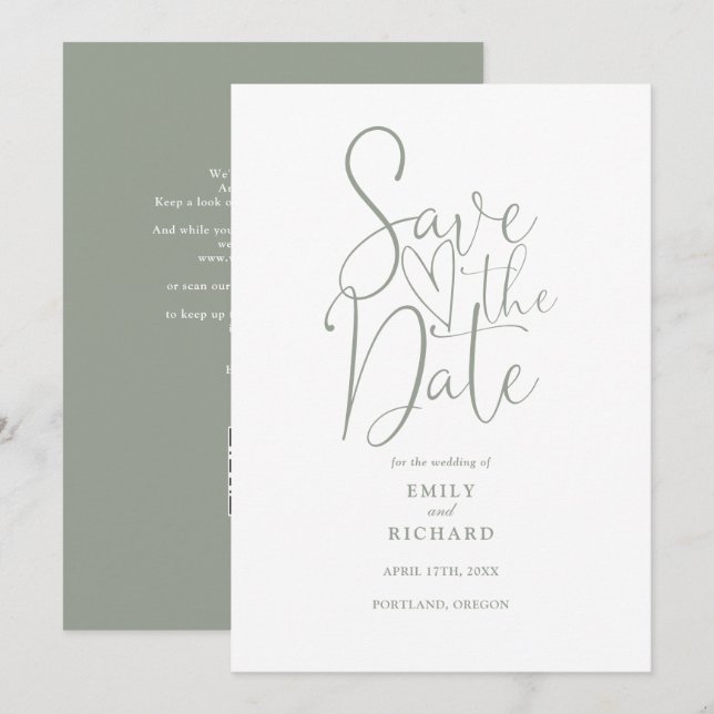 Elegante moderne QR Code Sage Green Wedding Save The Date (Vorne/Hinten)