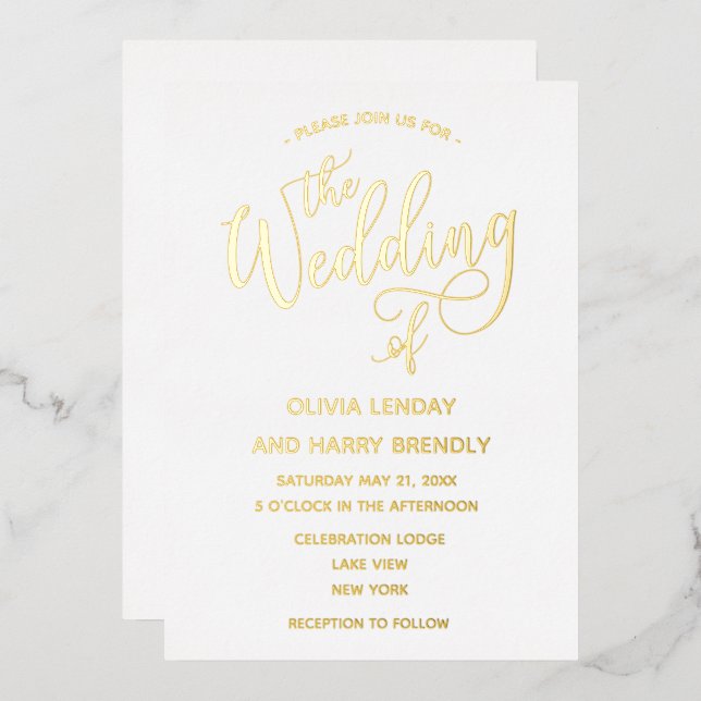Elegante Moderne Real Gold Script Hochzeit Folieneinladung (Vorderseite/Rückseite)