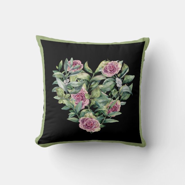 Elegante Moderne rosa Aquarellfarben Rose Herz Kissen (Vorderseite)
