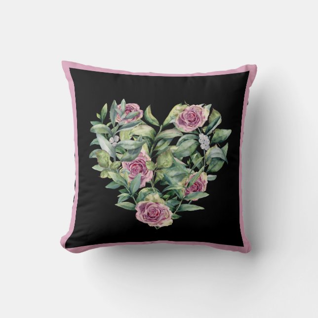 Elegante Moderne rosa Aquarellfarben Rose Herz Kissen (Vorderseite)