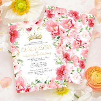 Elegante Moderne rosa Floral Gold Quinceñera Einladung