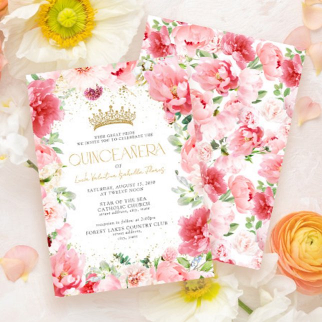 Elegante Moderne rosa Floral Gold Quinceñera Einladung (Von Creator hochgeladen)