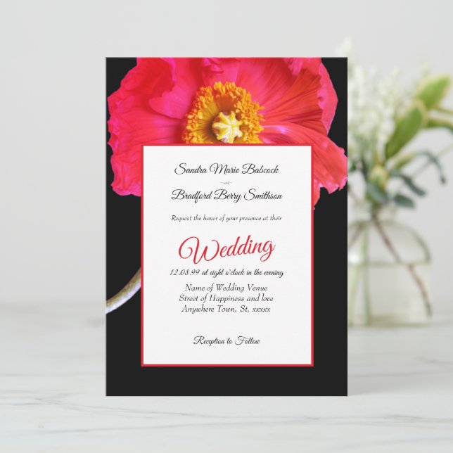 Elegante Moderne rosa Schwarz Poppy Blumenhochzeit (Stehend Vorderseite)