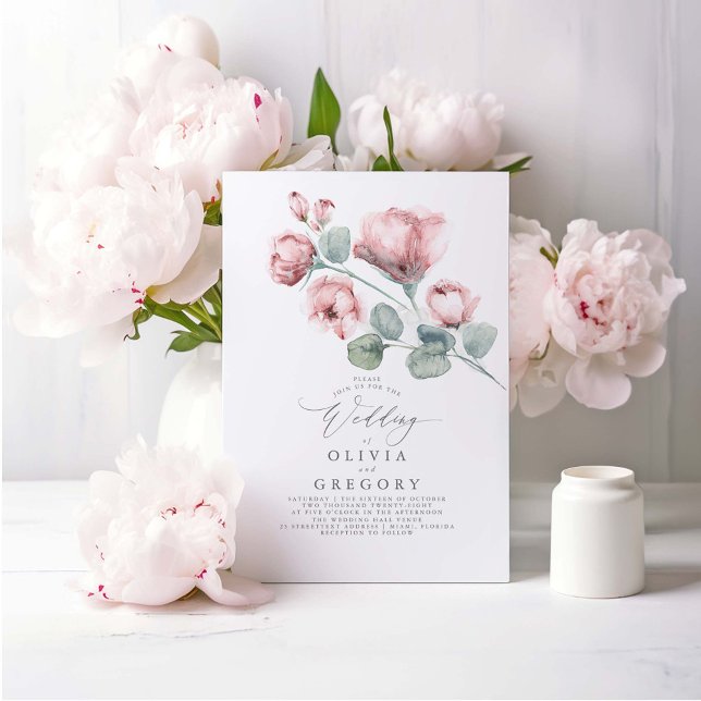 Elegante moderne, rosafarbene Rosenblütenhochzeit Einladung (Dusty Pink Flowers Minimalist Wedding Invitations)