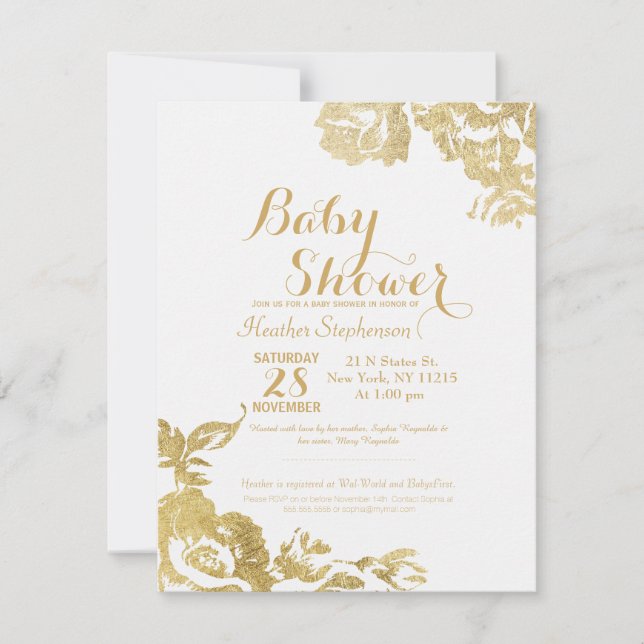 Elegante, moderne Rose Floral Gold Baby Dusche Einladung (Vorderseite)
