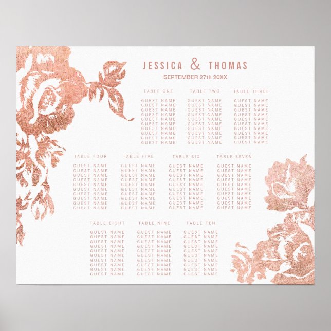 Elegante moderne Rose Gold Floral Seating Chart Poster (Vorne)