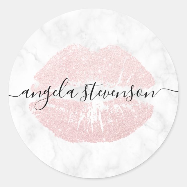 Elegante moderne Rose Gold Glitzer Lippen weißer M Runder Aufkleber (Vorderseite)