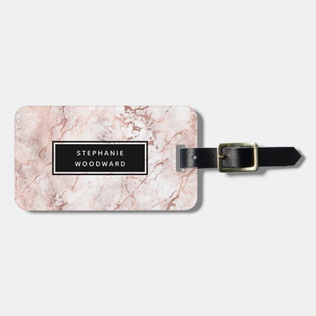 Elegante Moderne Rose Gold Marble Personalisiert Gepäckanhänger (Vorderseite horizontal)