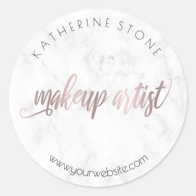 Elegante moderne Rose Gold & Marmor Makeup Künstle Runder Aufkleber (Vorderseite)