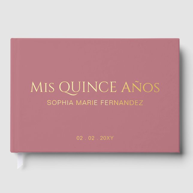 Elegante Moderne Rose Gold Quinceñera Gästebuch (Vorderseite)