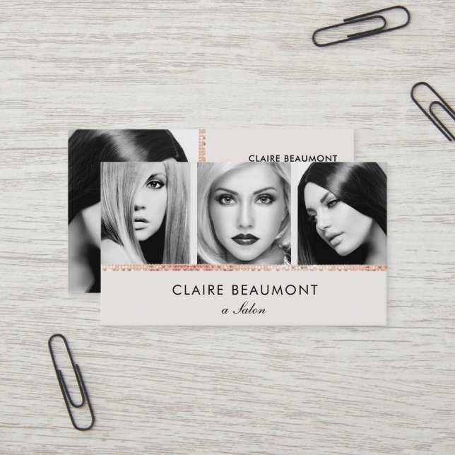 Elegante Moderne Rose Gold-Sequin Salon 3 Fotokart Visitenkarte (Vorderseite/Rückseite Beispiel)