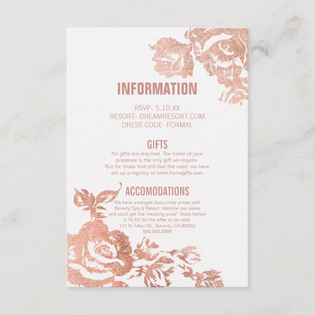 Elegante Moderne Rose Hochzeit in Gold Begleitkarte (Vorderseite)