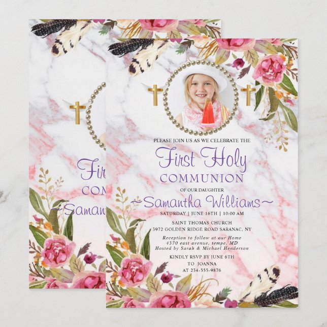 Elegante Moderne Rose Rosa Foto Erste Kommune Einladung (Vorne/Hinten)