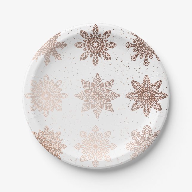 Elegante moderne Rosen-Goldschneeflocken des Pappteller (Vorderseite)
