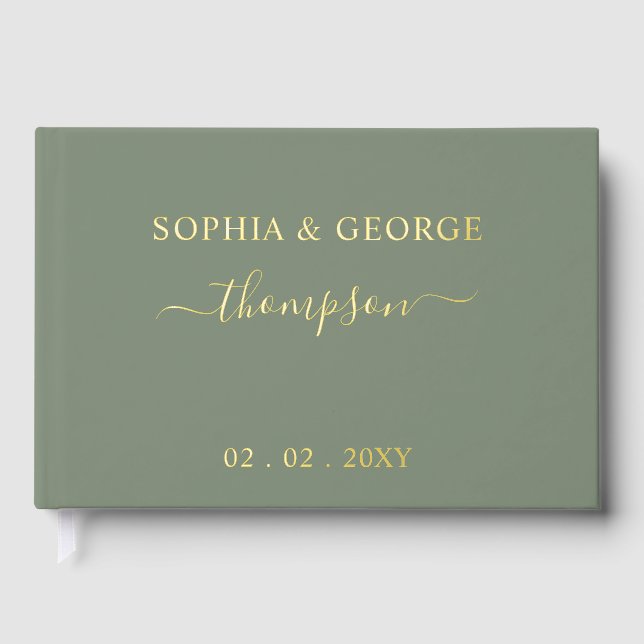 Elegante moderne Sage Gold Wedding Gästebuch (Vorderseite)