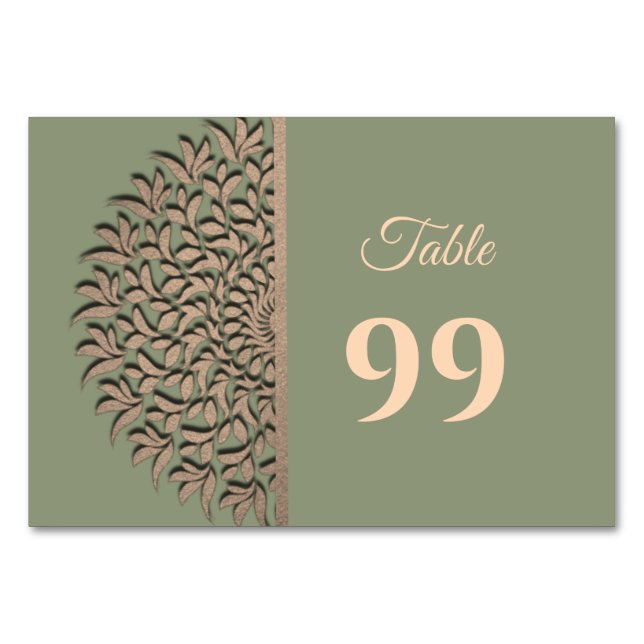 Elegante Moderne Sage green & gold classic mandala Tischnummer (Vorderseite)