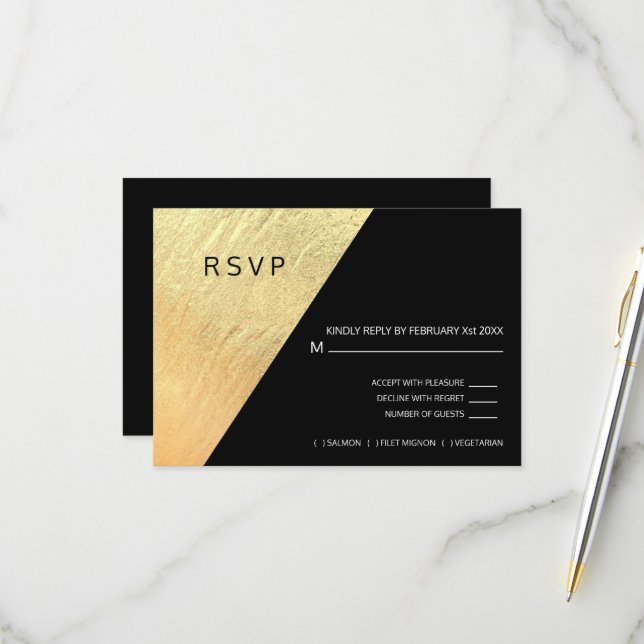 Elegante Moderne Schwarz & Gold Hochzeit RSVP Karte (Vorderseite/Rückseite Beispiel)