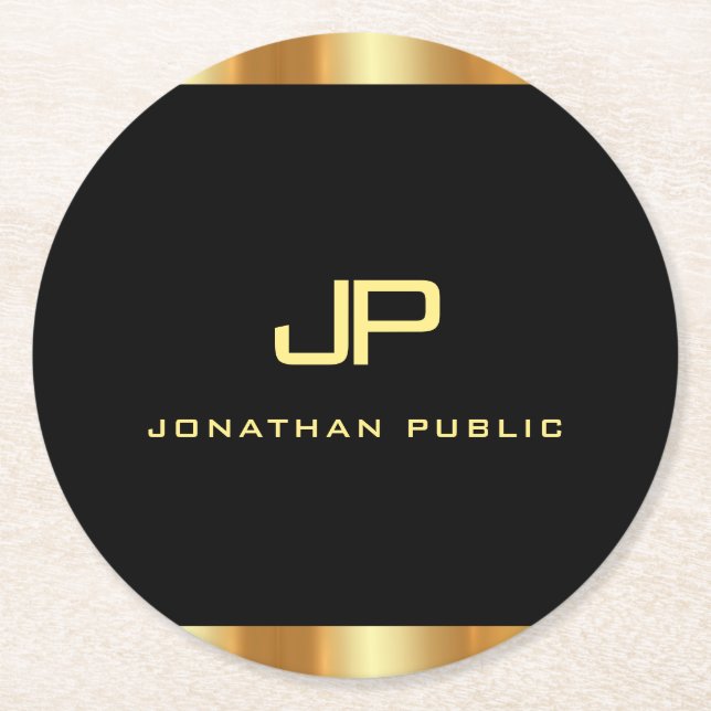 Elegante moderne Schwarz-Gold-Monogramm-Vorlage Runder Pappuntersetzer (Vorderseite)