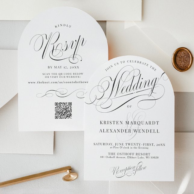 Elegante Moderne Schwarz & Weiß Einfache Hochzeit Einladung (Elegant simple minimalist script typography classic ivory and black QR code rsvp wedding invitation)