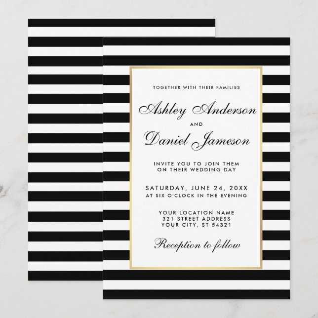 Elegante, moderne, Schwarz-weiß gestreifte Hochzei Einladung (Vorne/Hinten)