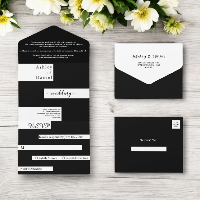 Elegante, moderne Schwarz-Weiß-Hochzeit All In One Einladung (Von Creator hochgeladen)