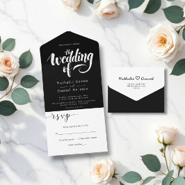 Elegante moderne Schwarz-Weiß-Kalligrafie-Hochzeit All In One Einladung
