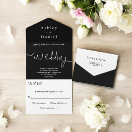 Elegante, moderne Schwarz-Weiß-Minimal-Hochzeit All In One Einladung