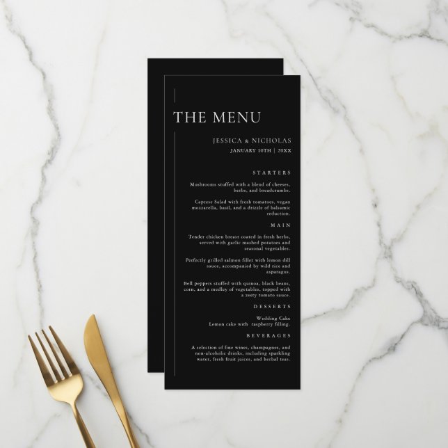Elegante Moderne Schwarz-Weiß-Minimal-Hochzeit Menükarte (Vorderseite/Rückseite Beispiel)