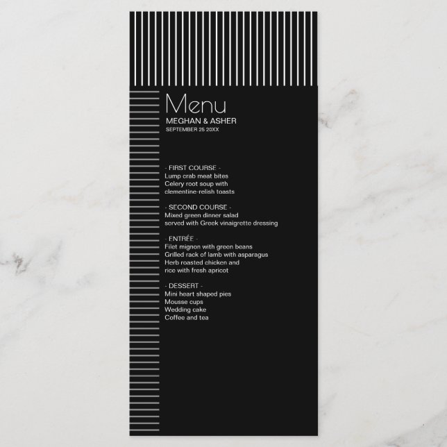 Elegante, moderne Schwarz-Weiß Pinstreifen Menükarte (Vorderseite)