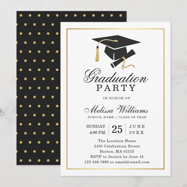 Elegante Moderne Schwarz-weiße Gold Graduation Par Einladung (Vorne/Hinten)