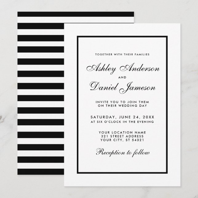 Elegante Moderne Schwarz-weiße Hochzeitseinladung  Einladung (Vorne/Hinten)