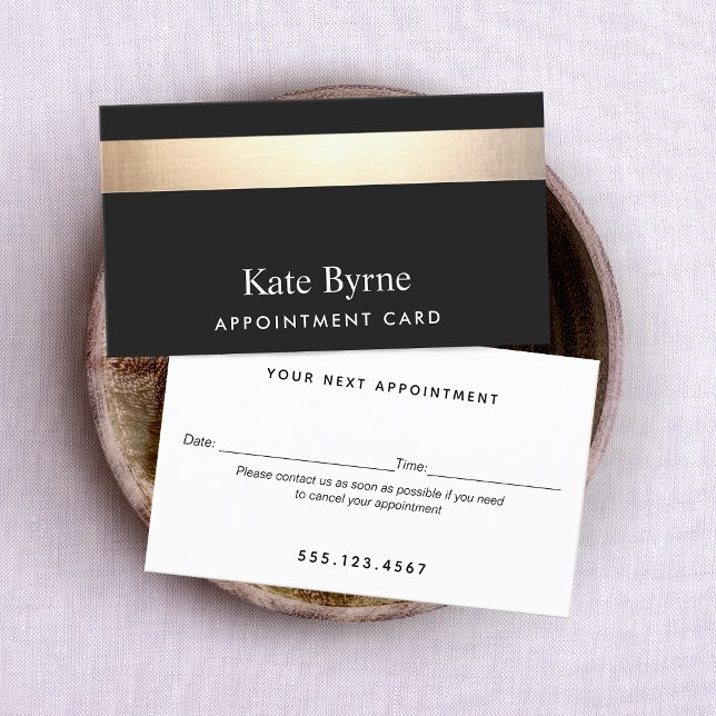 Elegante Moderne Schwarze Gold Erinnerung Visitenkarte (Business card appointment reminder with Simulated Gold foil stripe on back background)