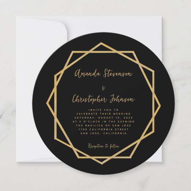 Elegante Moderne Schwarze Gold Geometrische Hochze Einladung (Vorderseite)