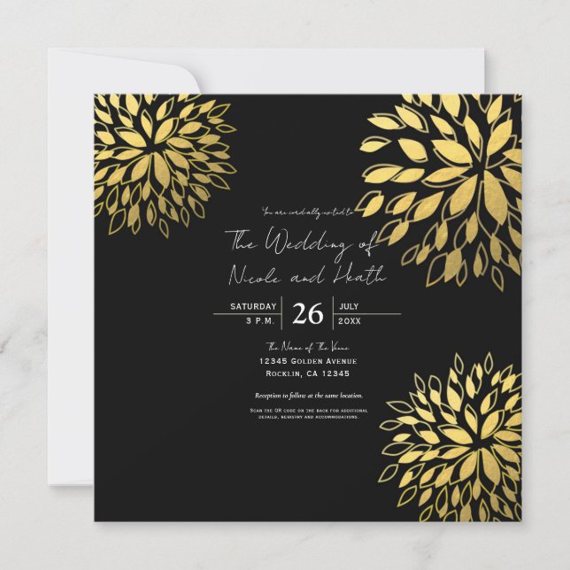 Elegante Moderne Schwarze Hochzeit der Goldenen Bl Einladung (Vorderseite)