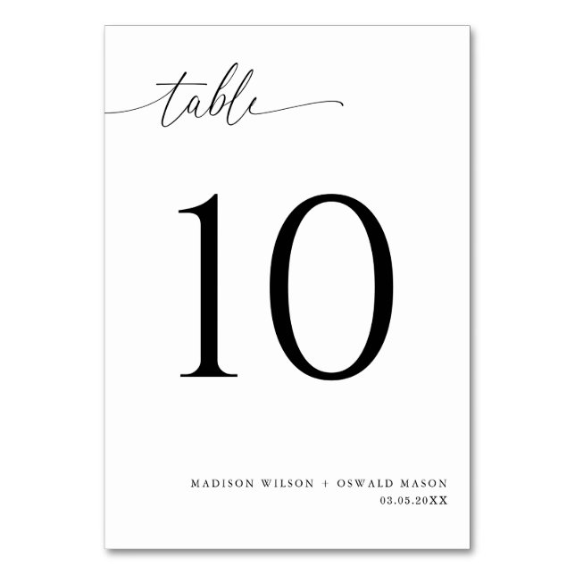 Elegante moderne Schwarze Kalligraphie Hochzeit 10 Tischnummer (Vorderseite)