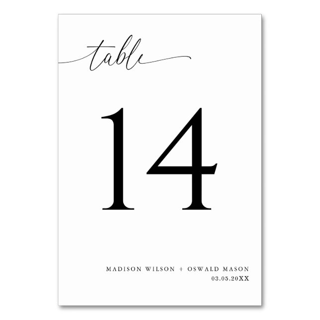 Elegante moderne Schwarze Kalligraphie Hochzeit 14 Tischnummer (Vorderseite)