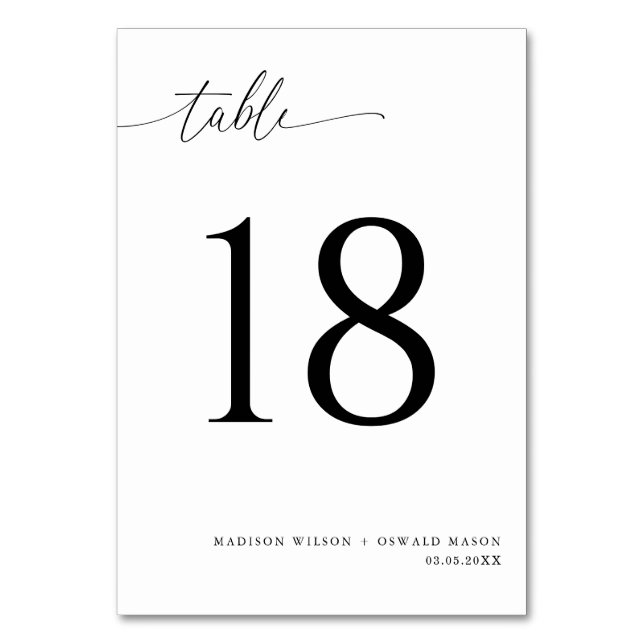 Elegante moderne Schwarze Kalligraphie Hochzeit 18 Tischnummer (Vorderseite)