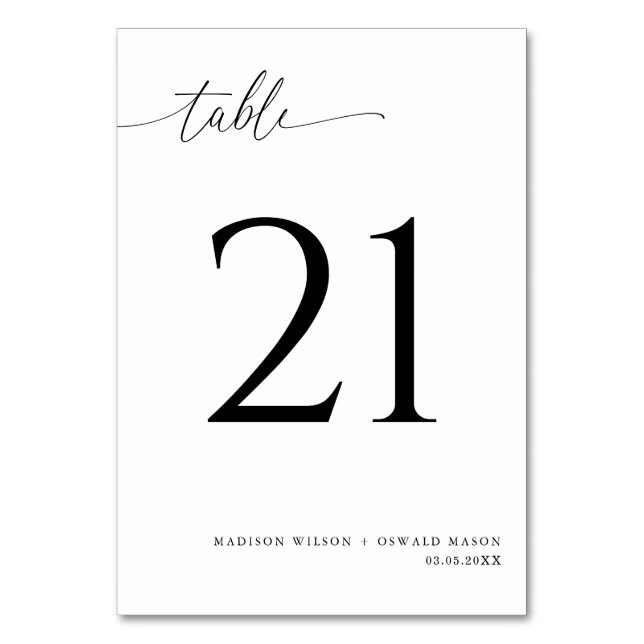Elegante moderne Schwarze Kalligraphie Hochzeit 21 Tischnummer (Vorderseite)