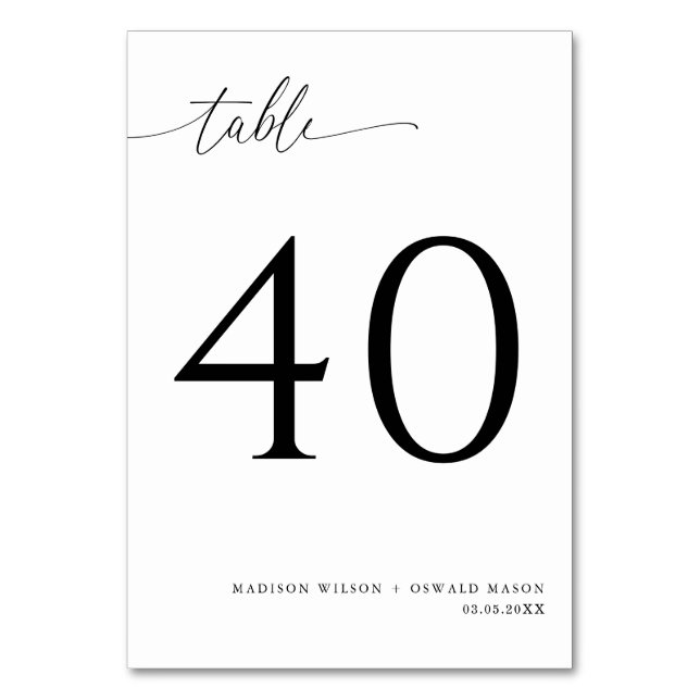 Elegante moderne Schwarze Kalligraphie Hochzeit 40 Tischnummer (Vorderseite)