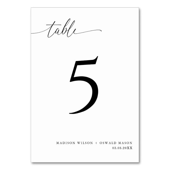 Elegante moderne Schwarze Kalligraphie Hochzeit 5 Tischnummer (Vorderseite)