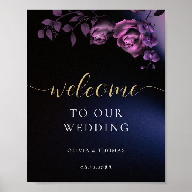 Elegante Moderne Schwarze Lila Blumenhochzeit Poster (Vorne)