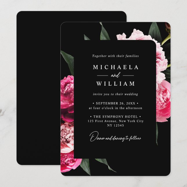 Elegante Moderne Schwarze Luxus Blumenhochzeit Einladung (Vorne/Hinten)