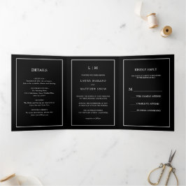 Elegante Moderne Schwarze Monogramm Einfache Hochz Dreifach Gefaltete Einladung