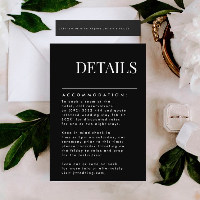 Elegante, moderne schwarze Namen Unterkunft Detail RSVP Karte (DETAILS showcasing suite - additional items (bought separately))